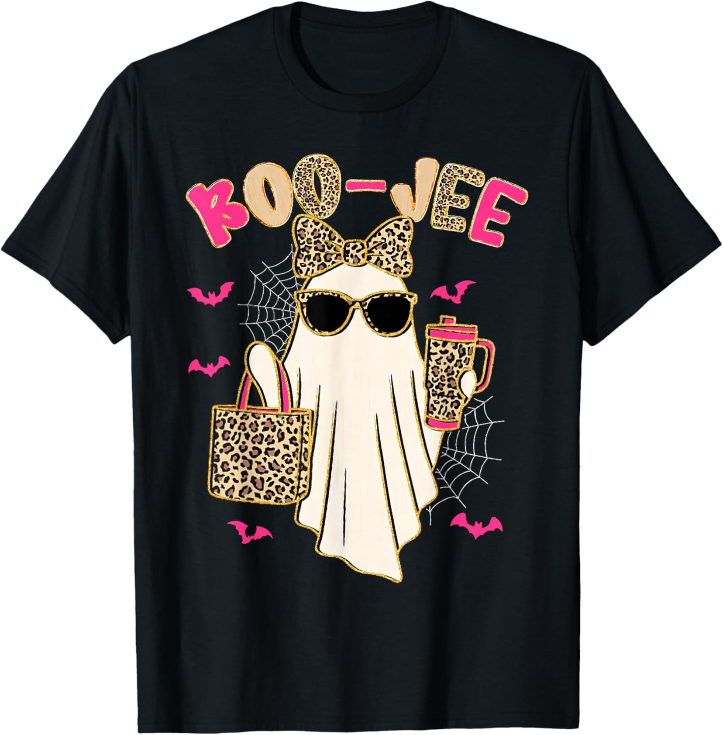 Boo JEE Boujee Leopard Ghost Halloween October Vibes T-Shirt - T-Shirt | Black