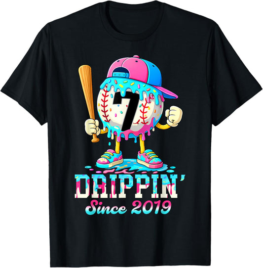 Baseball 7 Years Old Since 2019 Ice Cream 7th Birthday Boys T-Shirt - T-Shirt | Black