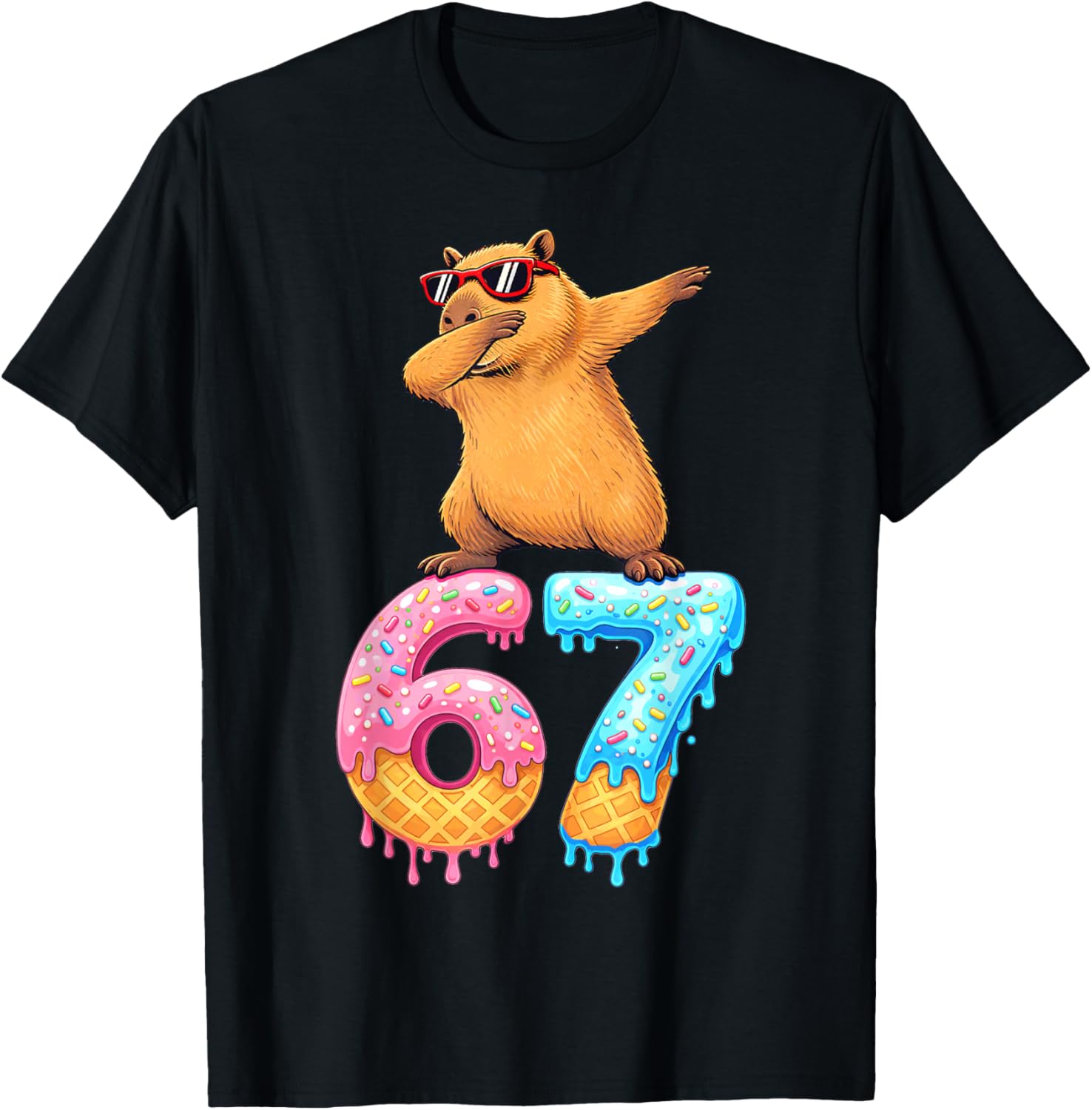 Capybara Dabbing 67 Ice Cream Drip 67 Birthday Boys Girls T-Shirt - T-Shirt | Black