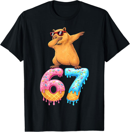 Capybara Dabbing 67 Ice Cream Drip 67 Birthday Boys Girls T-Shirt - T-Shirt | Black