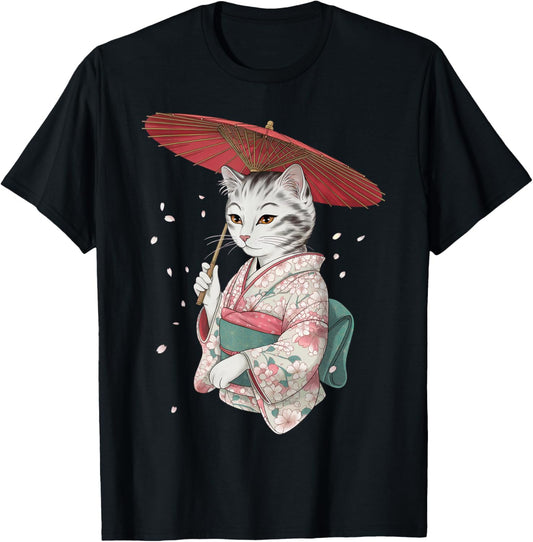 Sakura Kimono Cat Geisha Art Design Japanese Geisha T-Shirt - T-Shirt | Black
