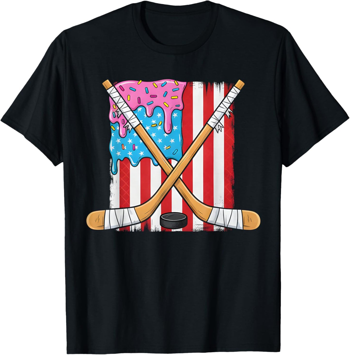 Ice Hockey Ice Cream Drip Boys American Flag Youth Players T-Shirt - T-Shirt | Black
