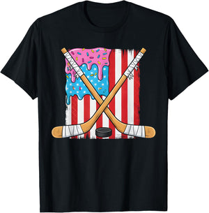 Ice Hockey Ice Cream Drip Boys American Flag Youth Players T-Shirt - T-Shirt | Black