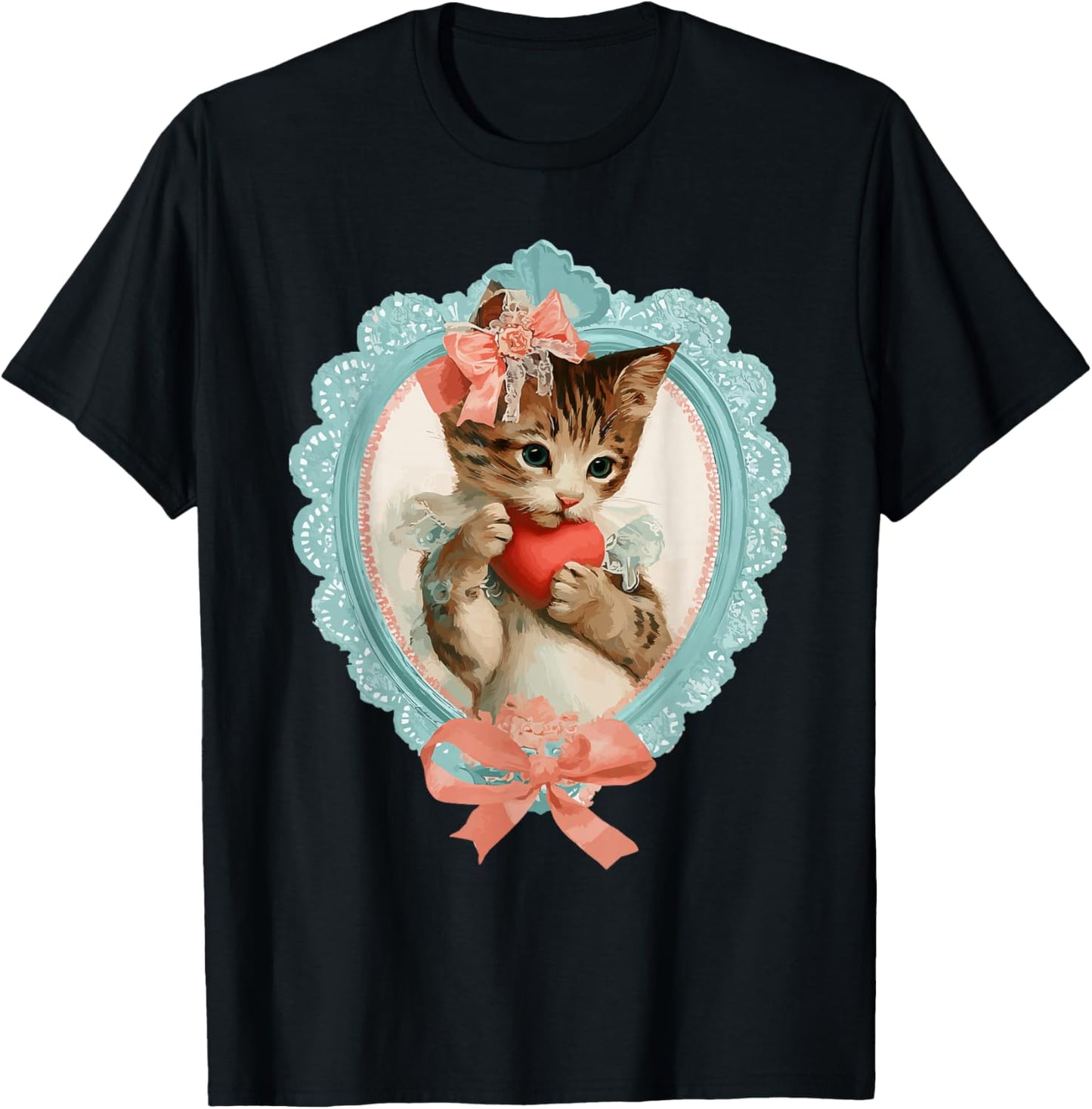 Cute Tabby Cat Valentine Kitty with Heart Vintage Coquette T-Shirt - T-Shirt | Black
