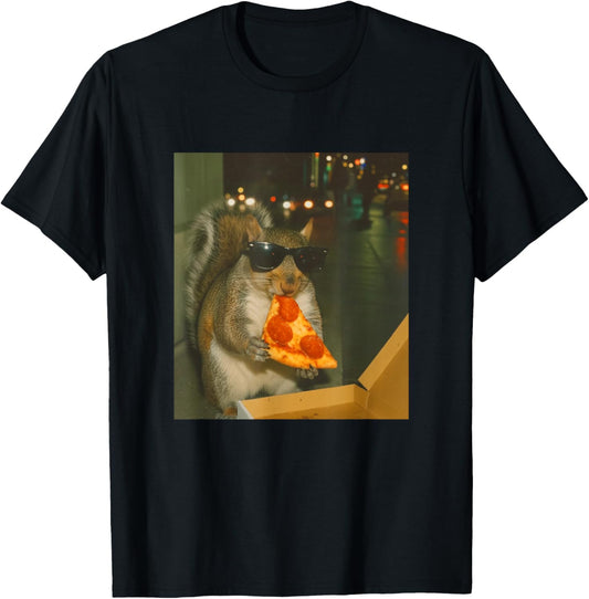 Funny Squirrel Chipmonk Eating Pizza Animal Meme Retro T-Shirt - T-Shirt | Black