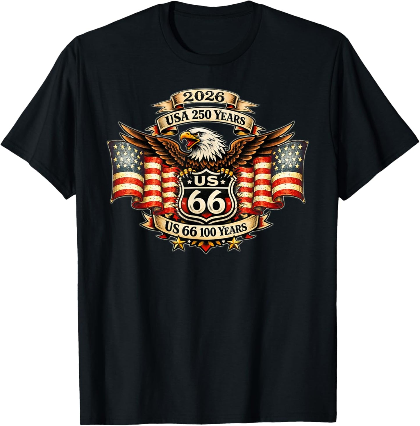 USA 250 US Highway 66 Mother Road Anniversary Eagle Tattoo T-Shirt - T-Shirt | Black