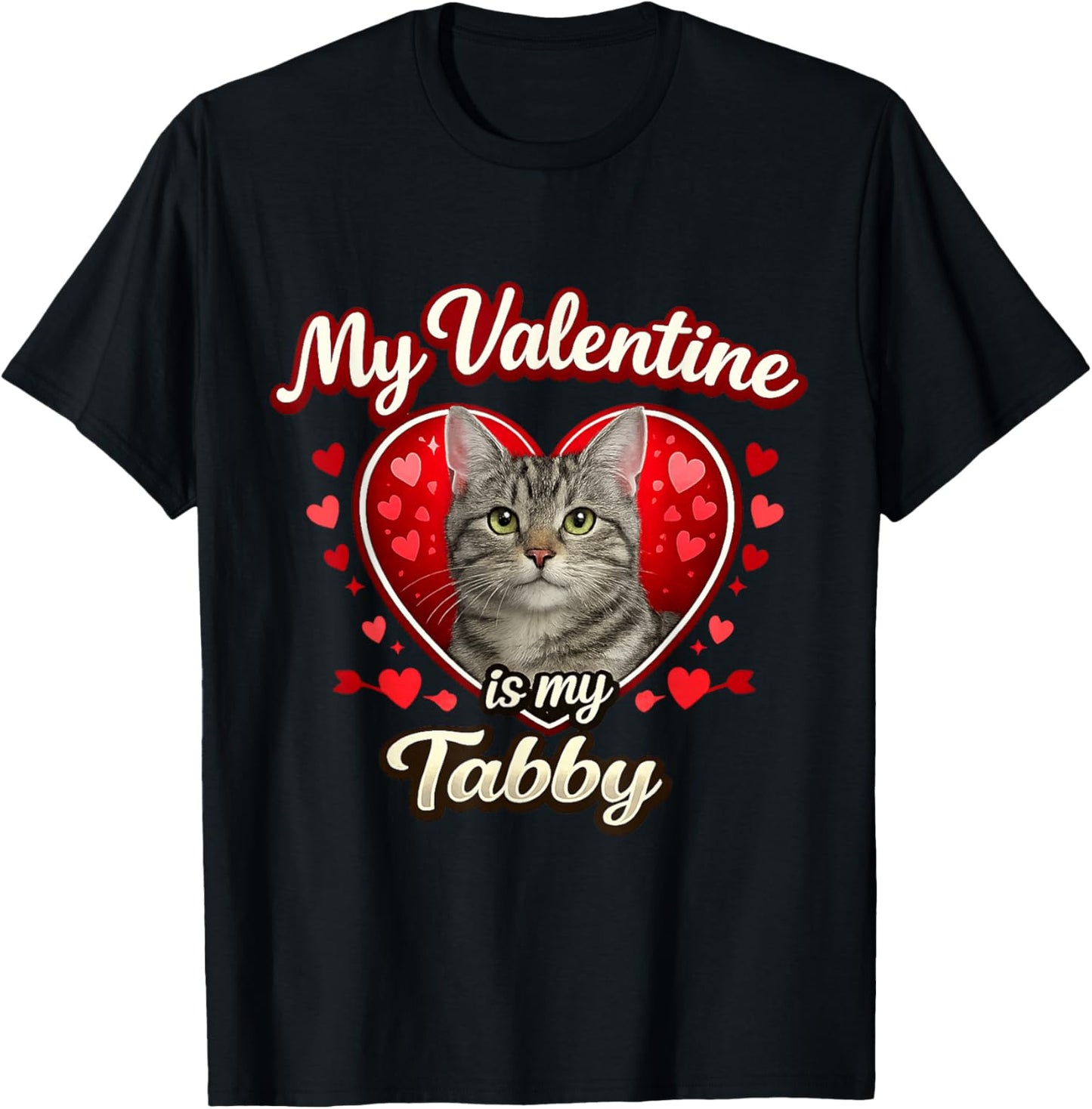 Gray Tabby Cat Valentine Hearts Feline Love Gift T-Shirt - T-Shirt | Black