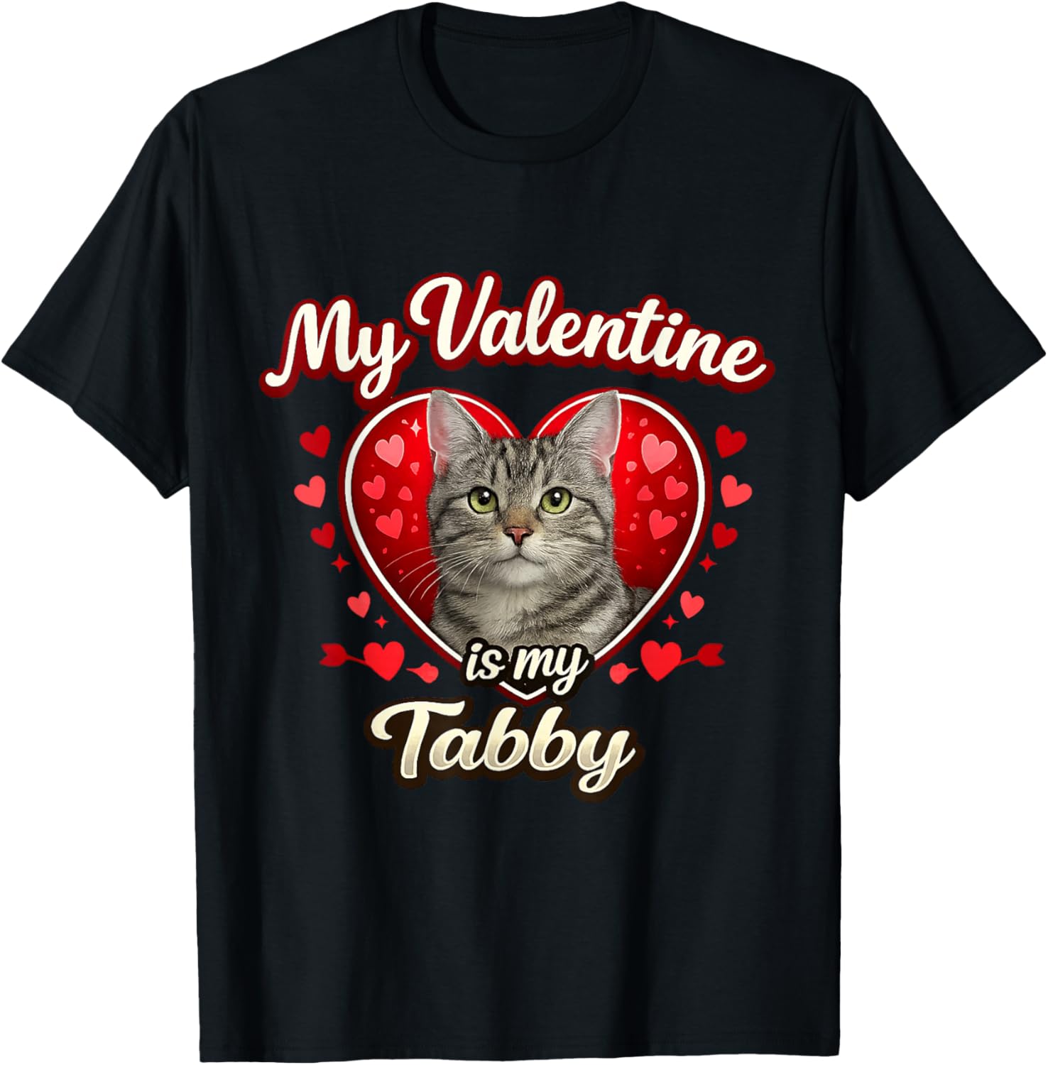 Gray Tabby Cat Valentine Hearts Feline Love Gift T-Shirt - T-Shirt | Black