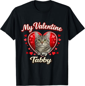 Gray Tabby Cat Valentine Hearts Feline Love Gift T-Shirt - T-Shirt | Black