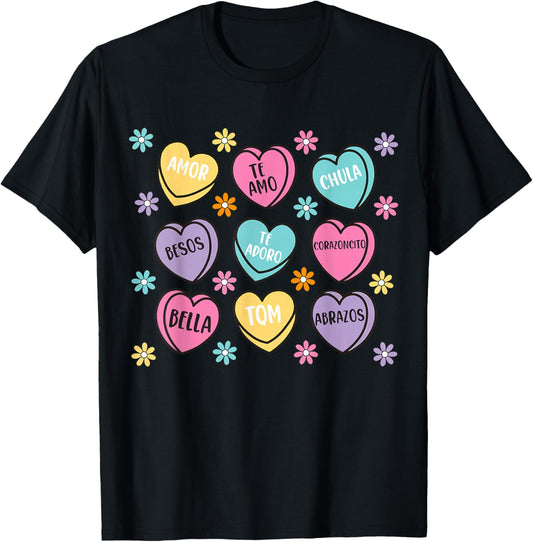Spanish Valentine Conversation Hearts Feliz San Valentín T-Shirt - T-Shirt | Black