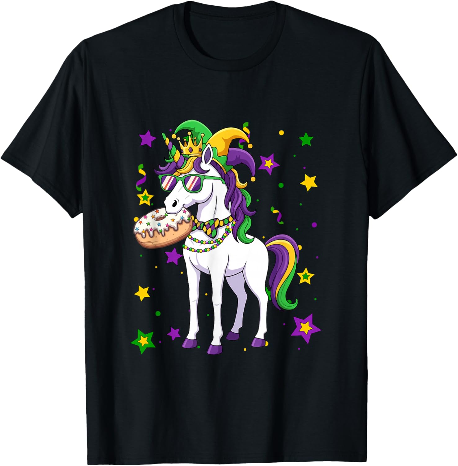 Unicorn Jester Hat Eating Donut Mardi Gras Beads Parades T-Shirt - T-Shirt | Black