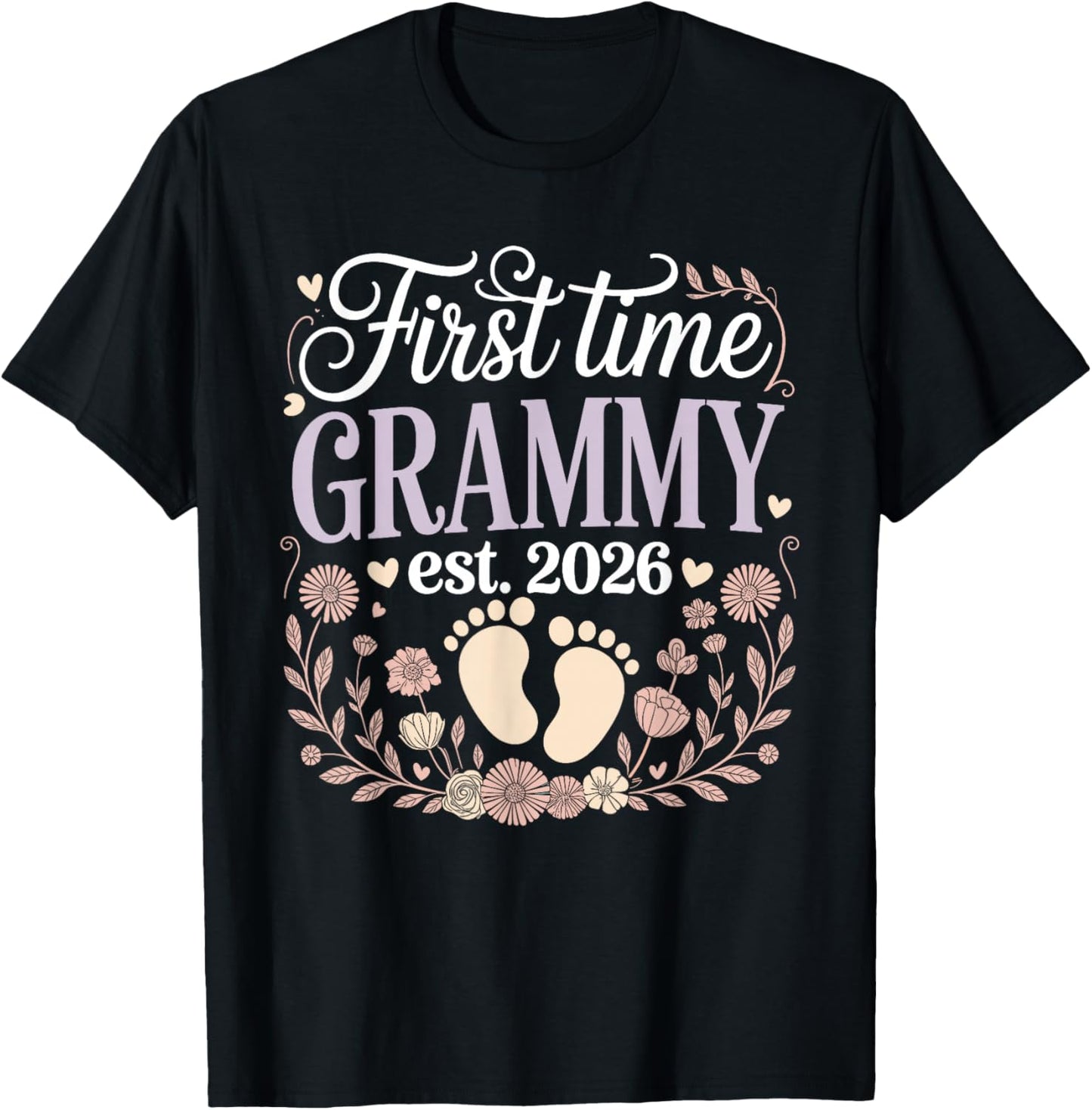 First Time Grammy Est 2026 Floral Baby Reveal T-Shirt - T-Shirt | Black