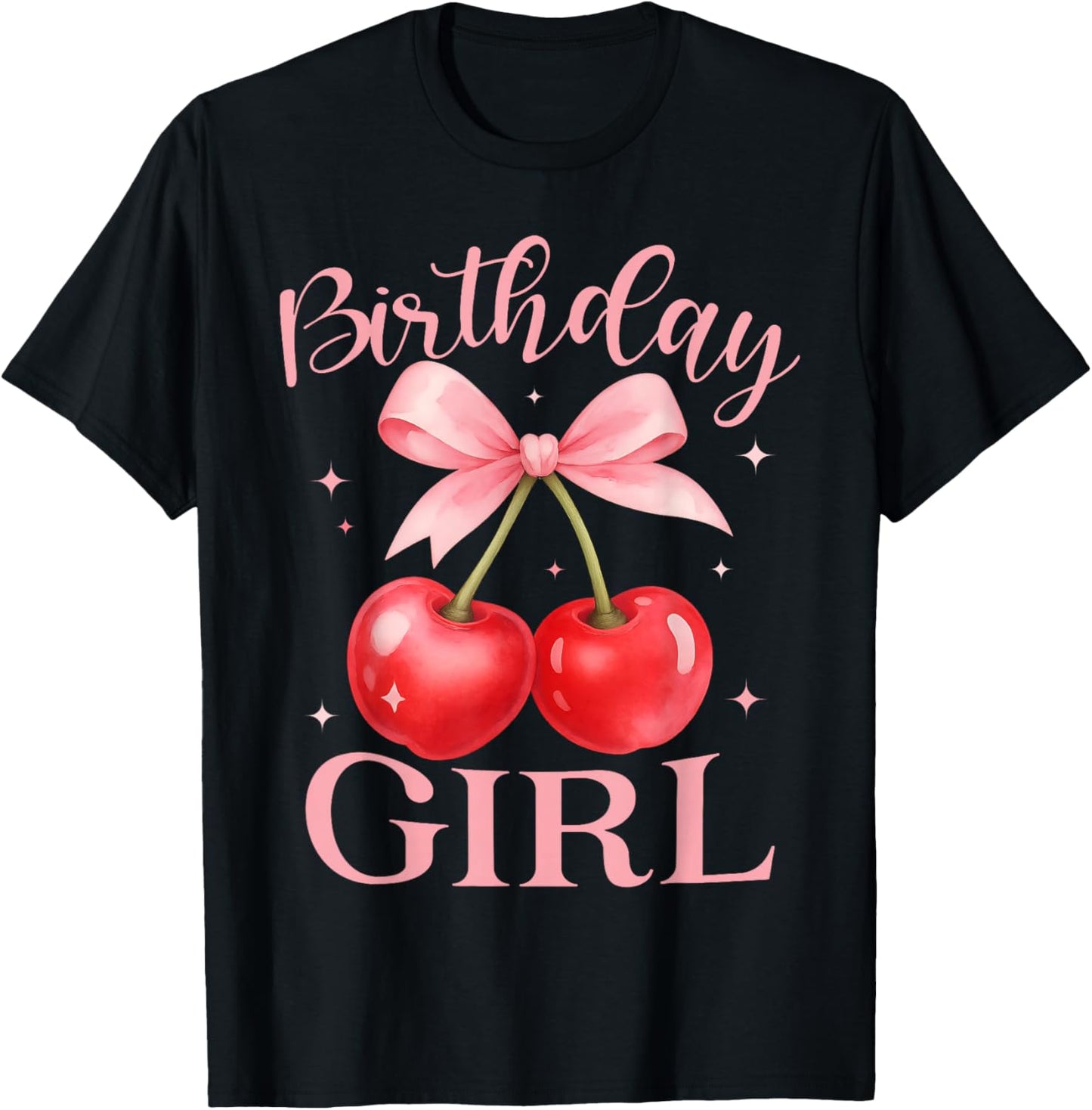 Birthday Girl Cute Coquette Bow Cherry Birthday Girl Kids T-Shirt - T-Shirt | Black