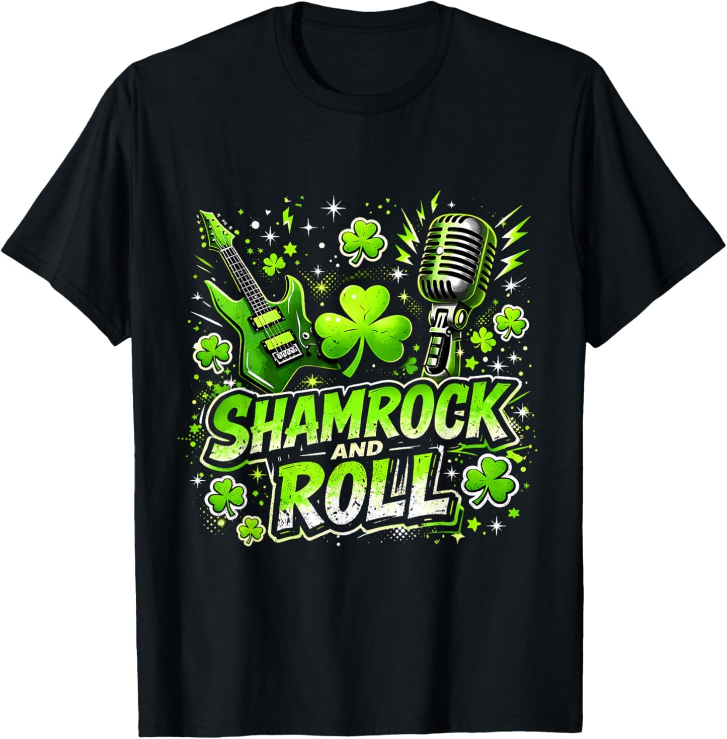 Shamrock and Roll St Patrick Day Rock Vibes T-Shirt - T-Shirt | Black