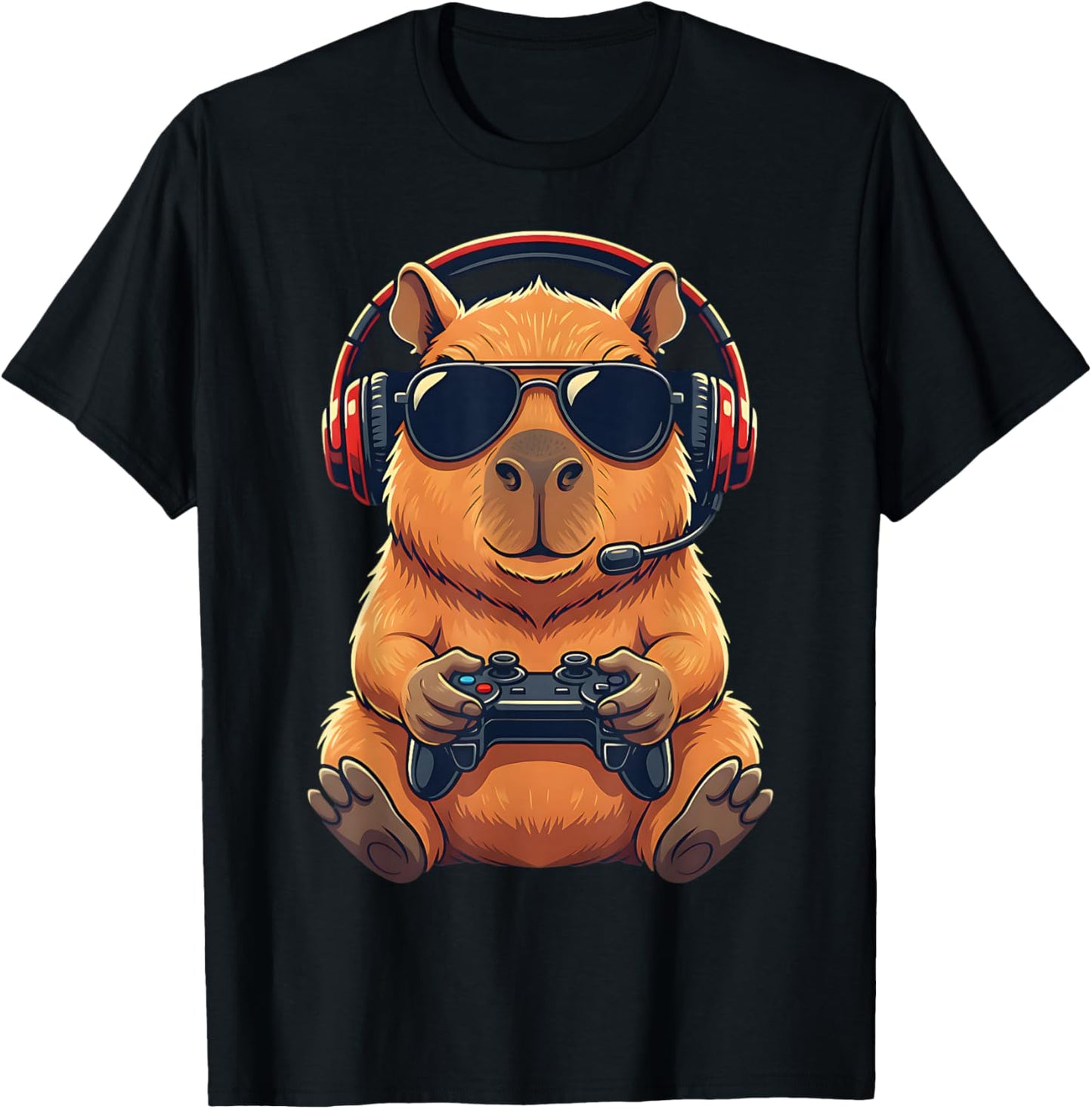Cute Funny Capybara Gamer Gaming Playing Video Games Kids T-Shirt - T-Shirt | Black