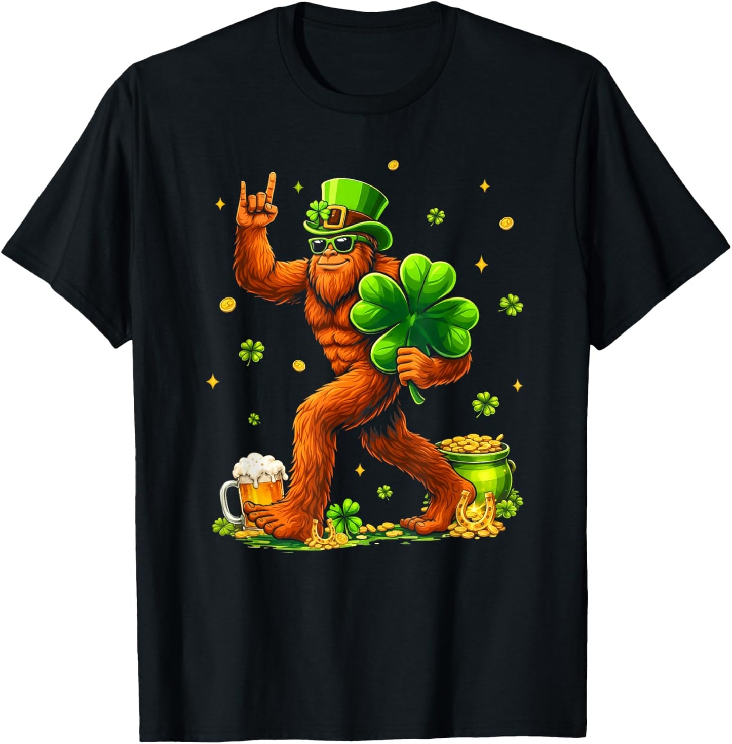 St Patricks Day Bigfoot Sasquatch Shamrock Men Women Kids T-Shirt - T-Shirt | Black