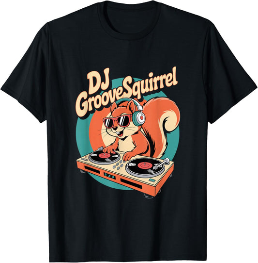 DJ Groove Squirrel Retro Turntable Club Vibes T-Shirt - T-Shirt | Black