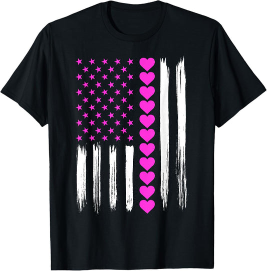 Valentines Day Pink Hearts US American Flag Patriotic Lover T-Shirt - T-Shirt | Black