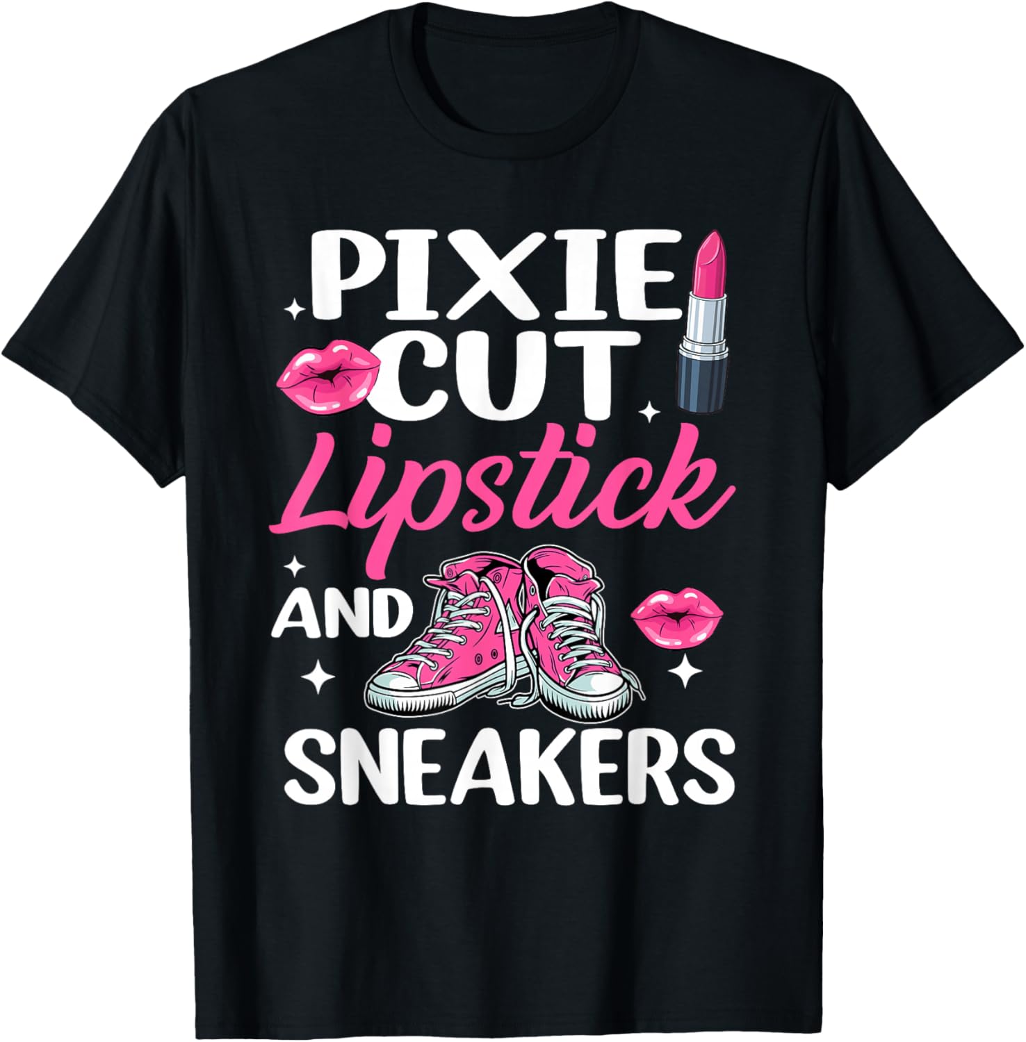 Pixie Cut Lipstick and Sneakers Short Hair Style Fashion T-Shirt - T-Shirt | Black