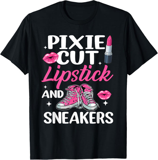 Pixie Cut Lipstick and Sneakers Short Hair Style Fashion T-Shirt - T-Shirt | Black