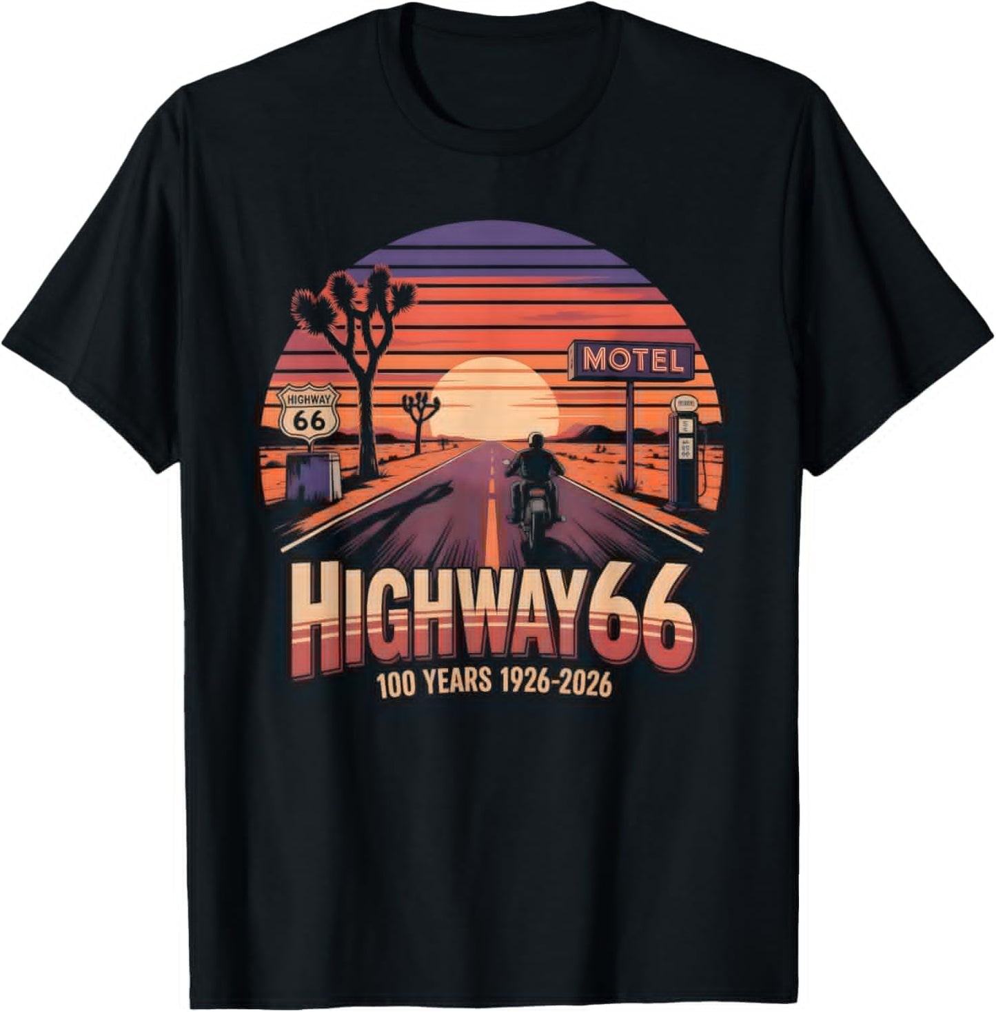 Highway 66 100 Years 1926-2026 Biker Centennial Anniversary T-Shirt - T-Shirt | Black