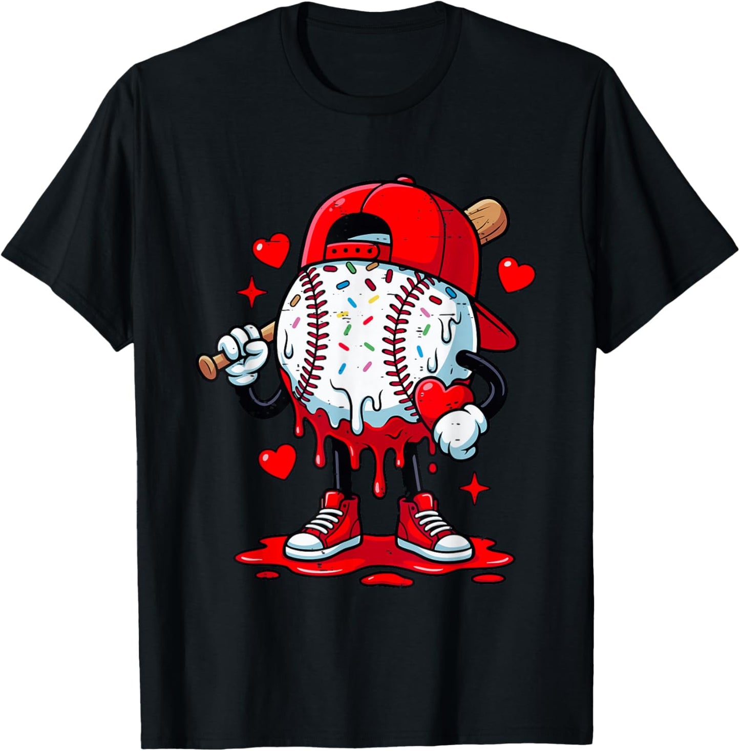 Cute Game Day Baseball Ice Cream Drip Valentine Love XOXO T-Shirt - T-Shirt | Black
