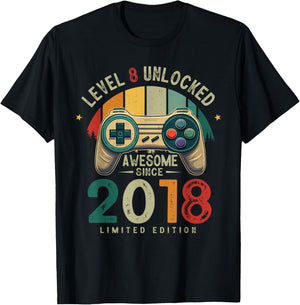 Level 8 Unlocked Awesome Since 2018 8th Birthday Gaming T-Shirt - T-Shirt | Black