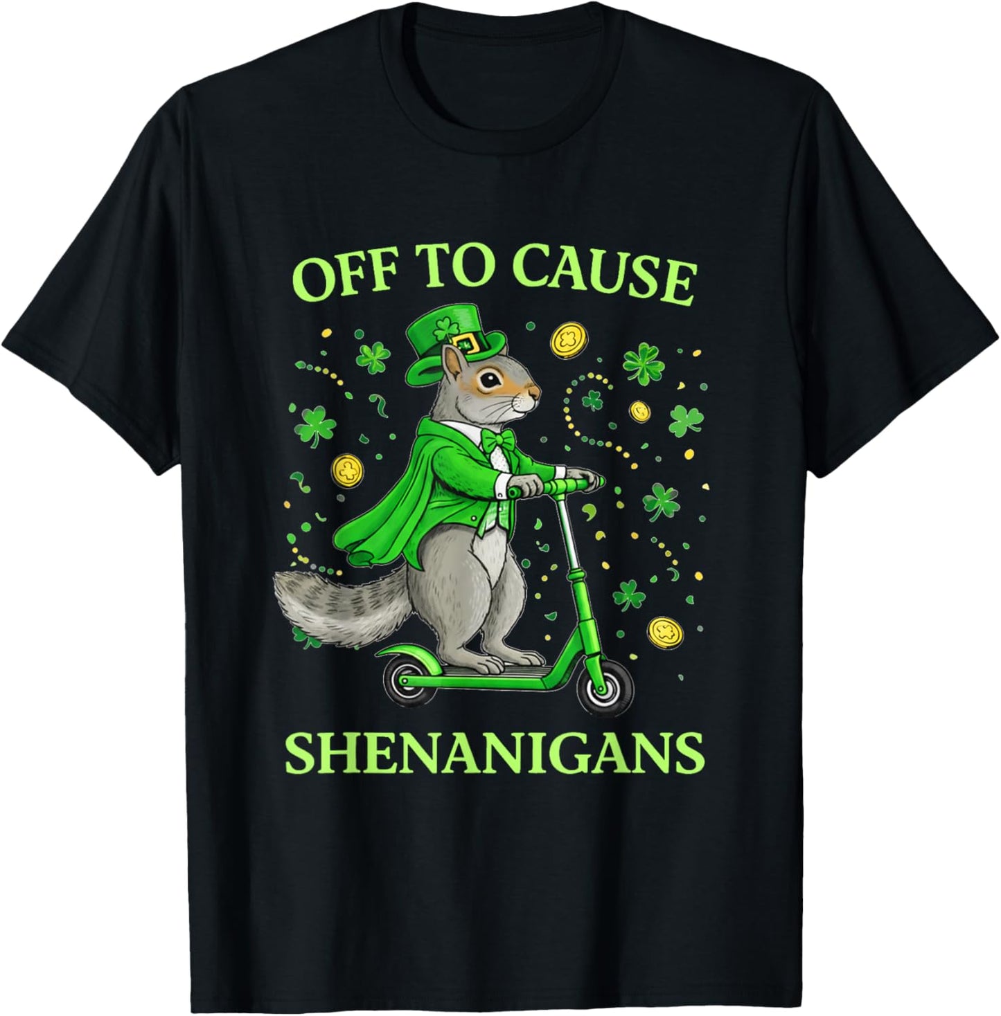 St Patricks Day Squirrel Leprechaun Scooter Shenanigans T-Shirt - T-Shirt | Black