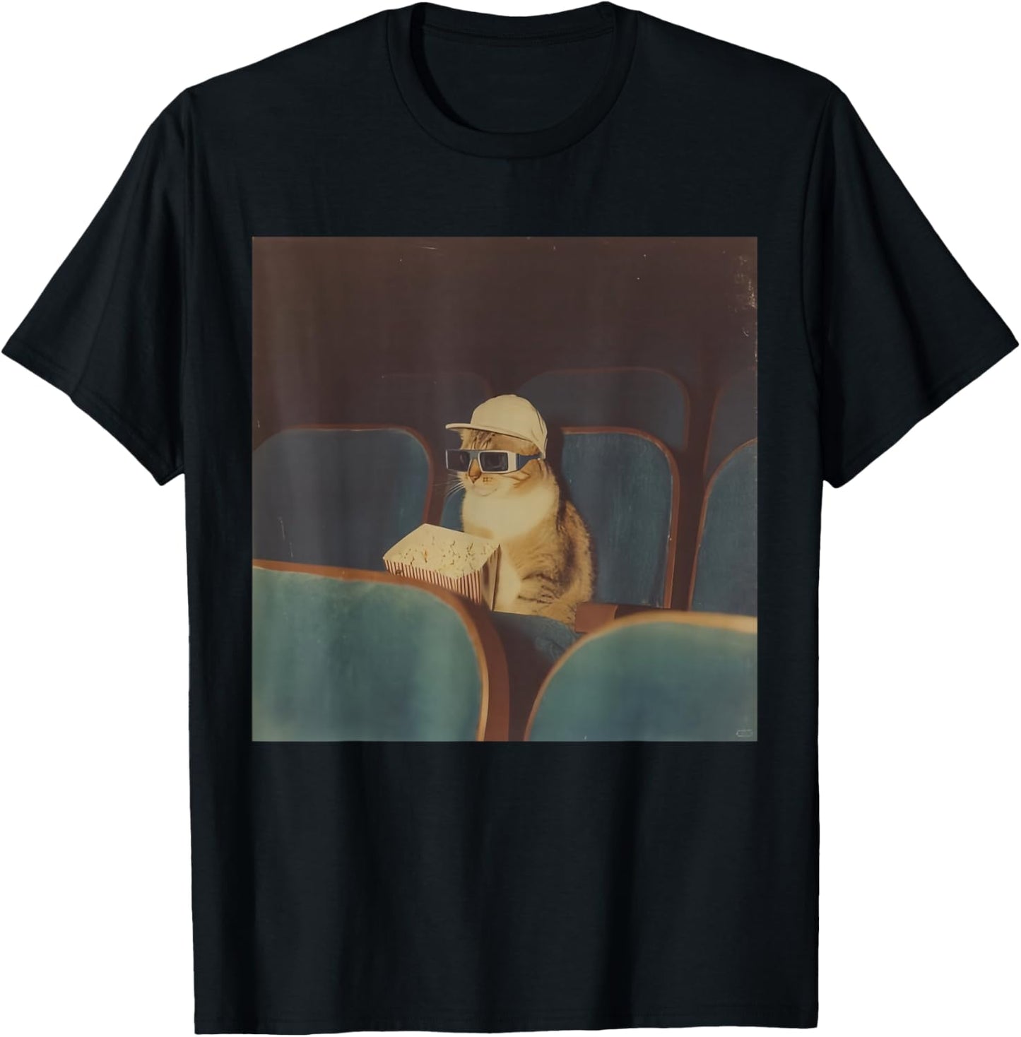 Funny Cat Movie Night Kitten Cinema Aesthetic Retro Vintage T-Shirt - T-Shirt | Black