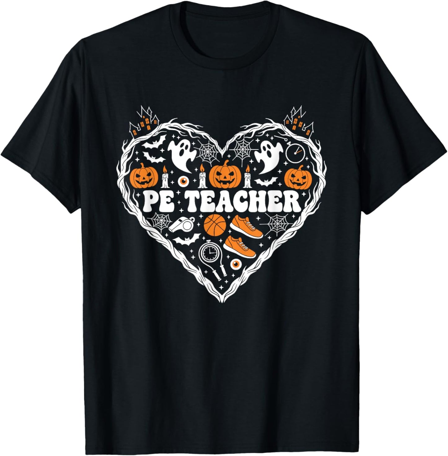 PE Teacher Heart Pumpkin Ghost Halloween Kids T-Shirt - T-Shirt | Black