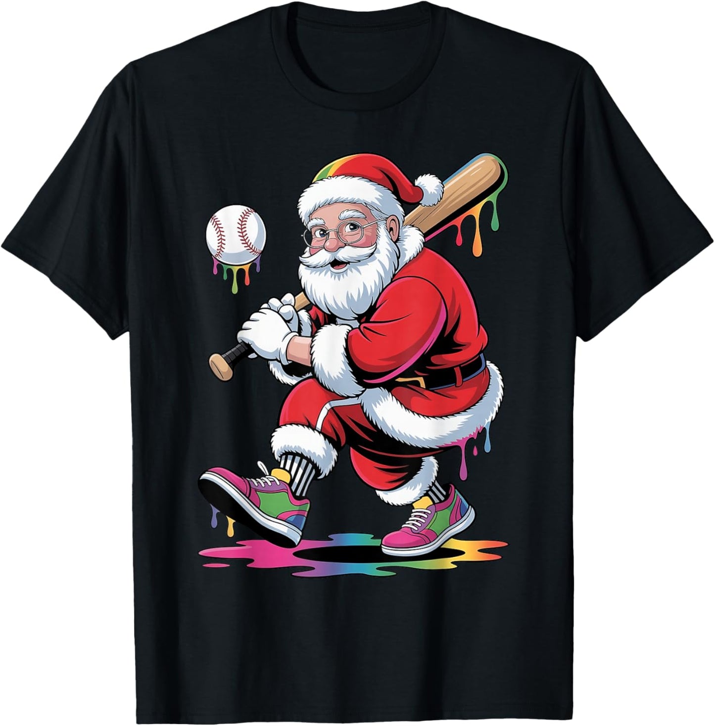 Funny Baseball Christmas Santa Claus Batter Baseball Drip T-Shirt - T-Shirt | Black