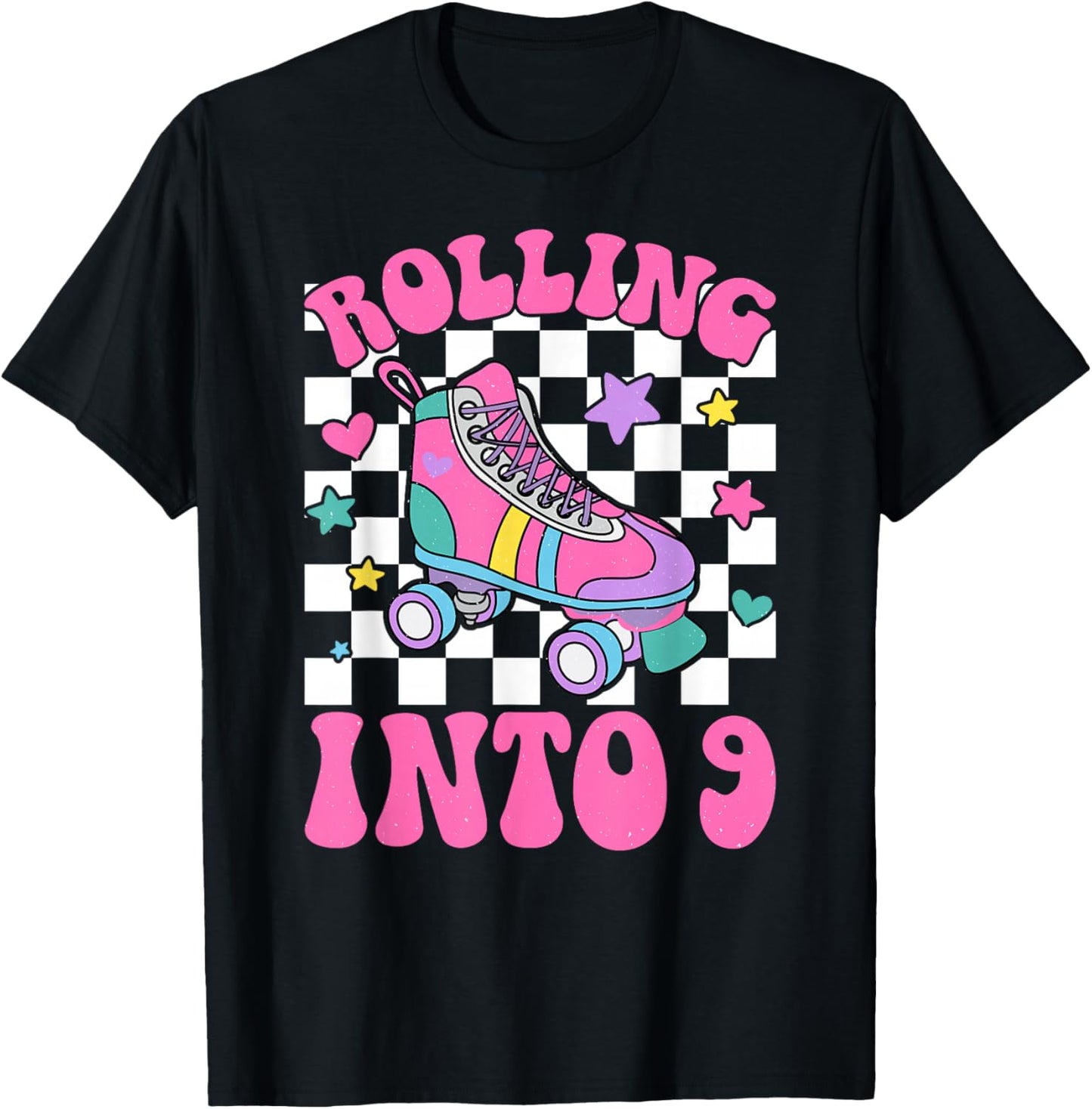 9th Roller Skate Birthday Nine Year Old Roller Skating Girl T-Shirt - T-Shirt | Black