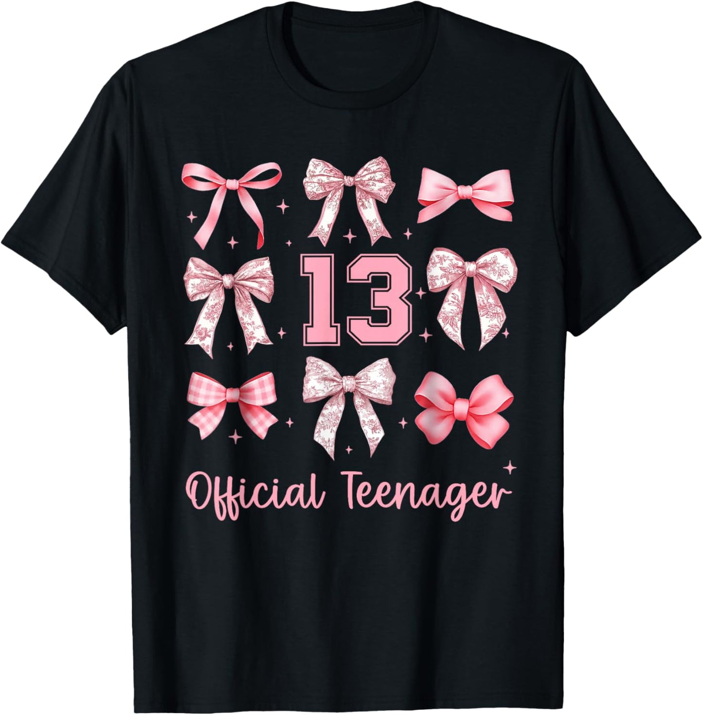 13th Birthday Girl Pink Toile Floral Coquette Bow Aesthetic T-Shirt - T-Shirt | Black
