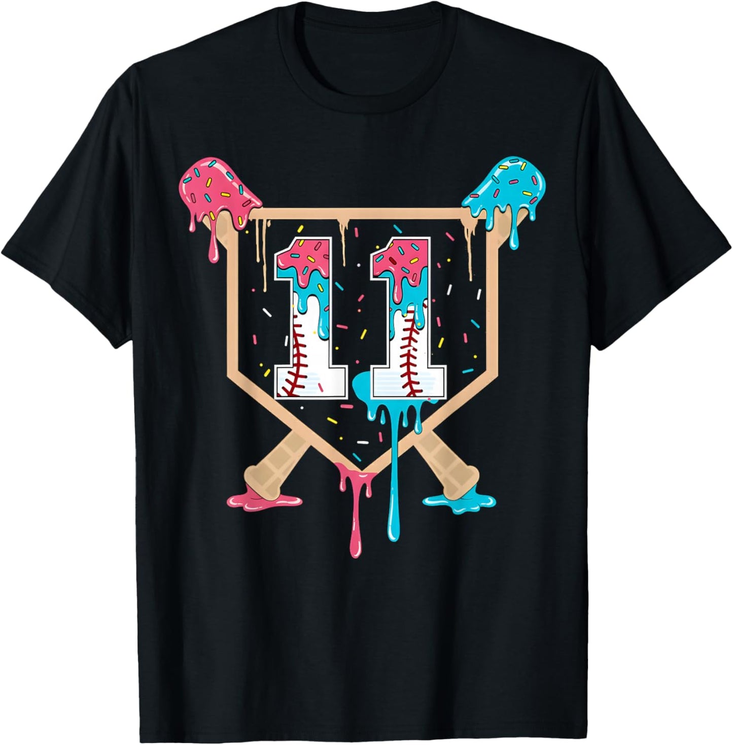 Baseball 11 Year Old Ice Cream Drip 11th Birthday Boy Player T-Shirt - T-Shirt | Black