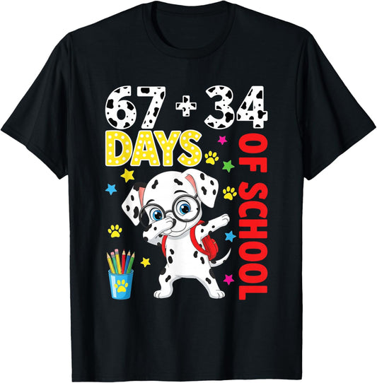 Funny 67 34 Days of School Dalmatian Dog Kids Boys Teacher T-Shirt - T-Shirt | Black