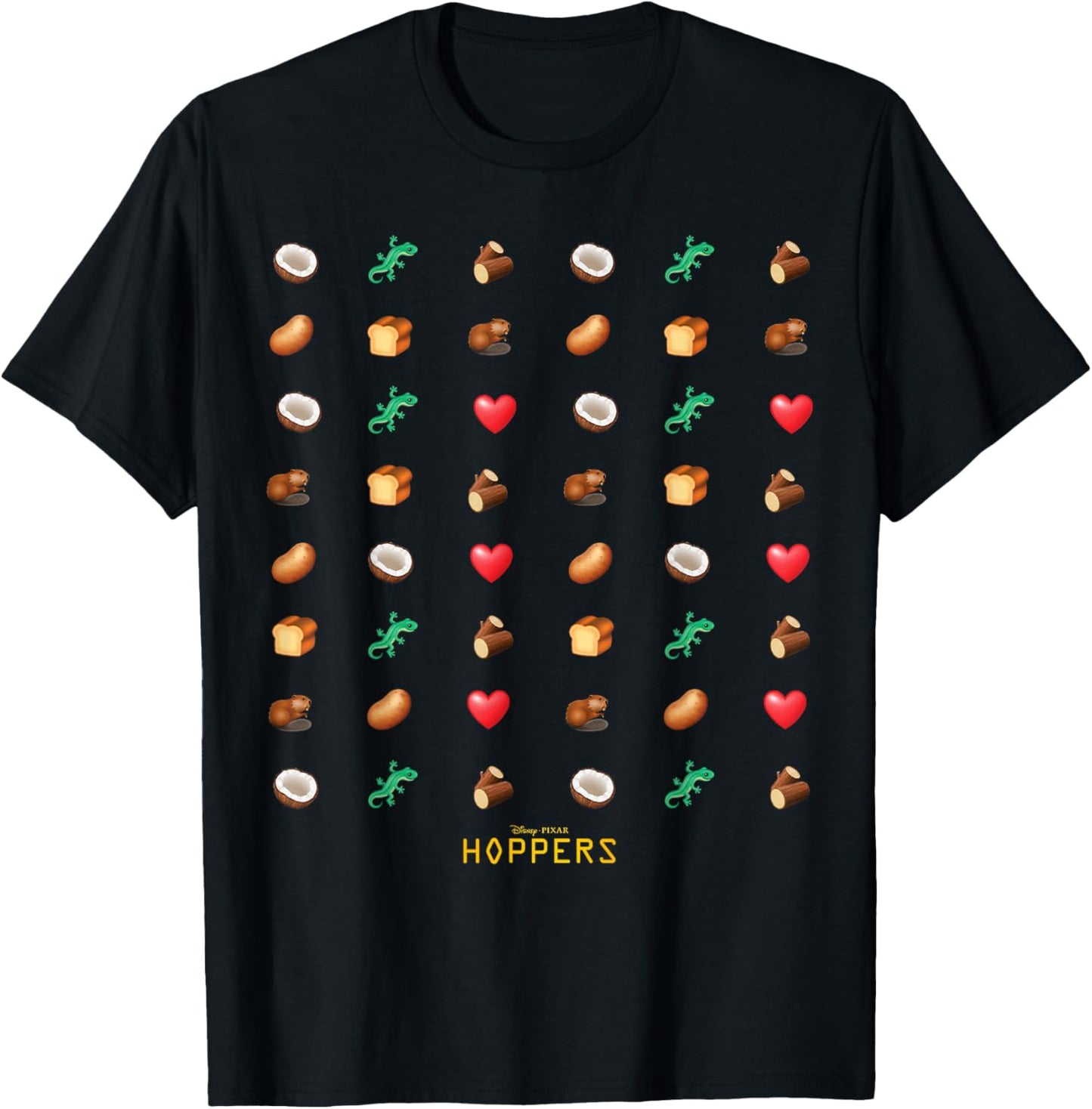 Disney Pixar Hoppers Coconut Lizard Log Beaver Heart Emojis T-Shirt - T-Shirt | Black
