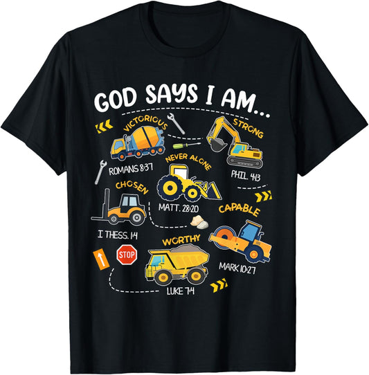 God Says I Am Christian Bible Verses Boys Construction Truck T-Shirt - T-Shirt | Black