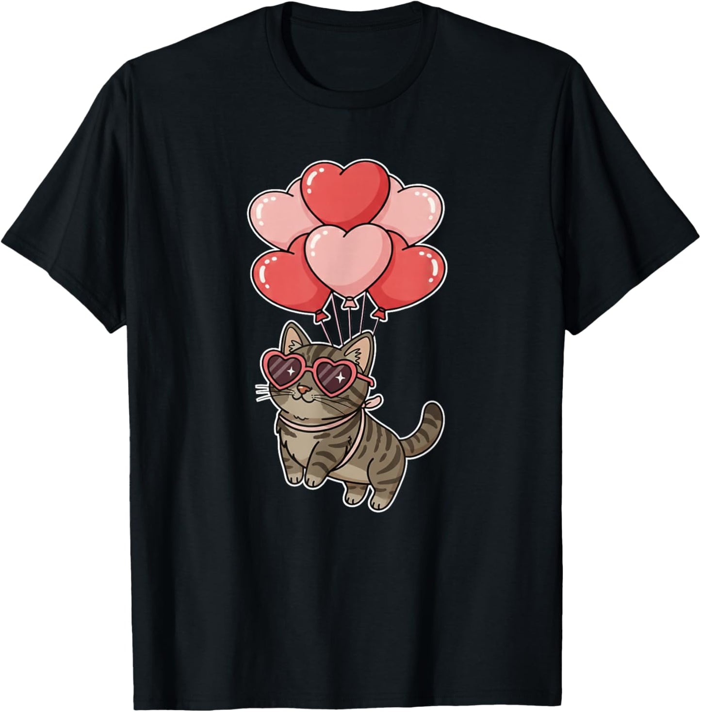 Girls Valentines Day Heart Balloons Brown Tabby Cat T-Shirt - T-Shirt | Black
