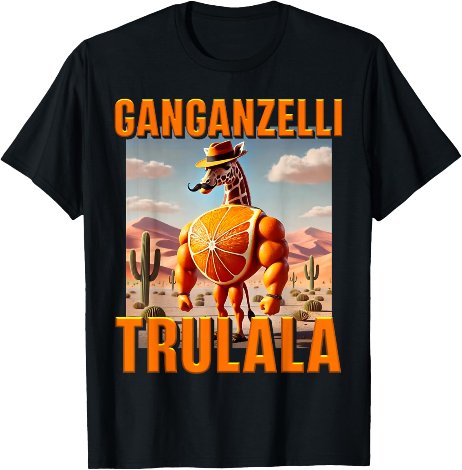 Ganganzelli Trulala Brainrot Giraffe Orange AI Generated T-Shirt - T-Shirt | Black