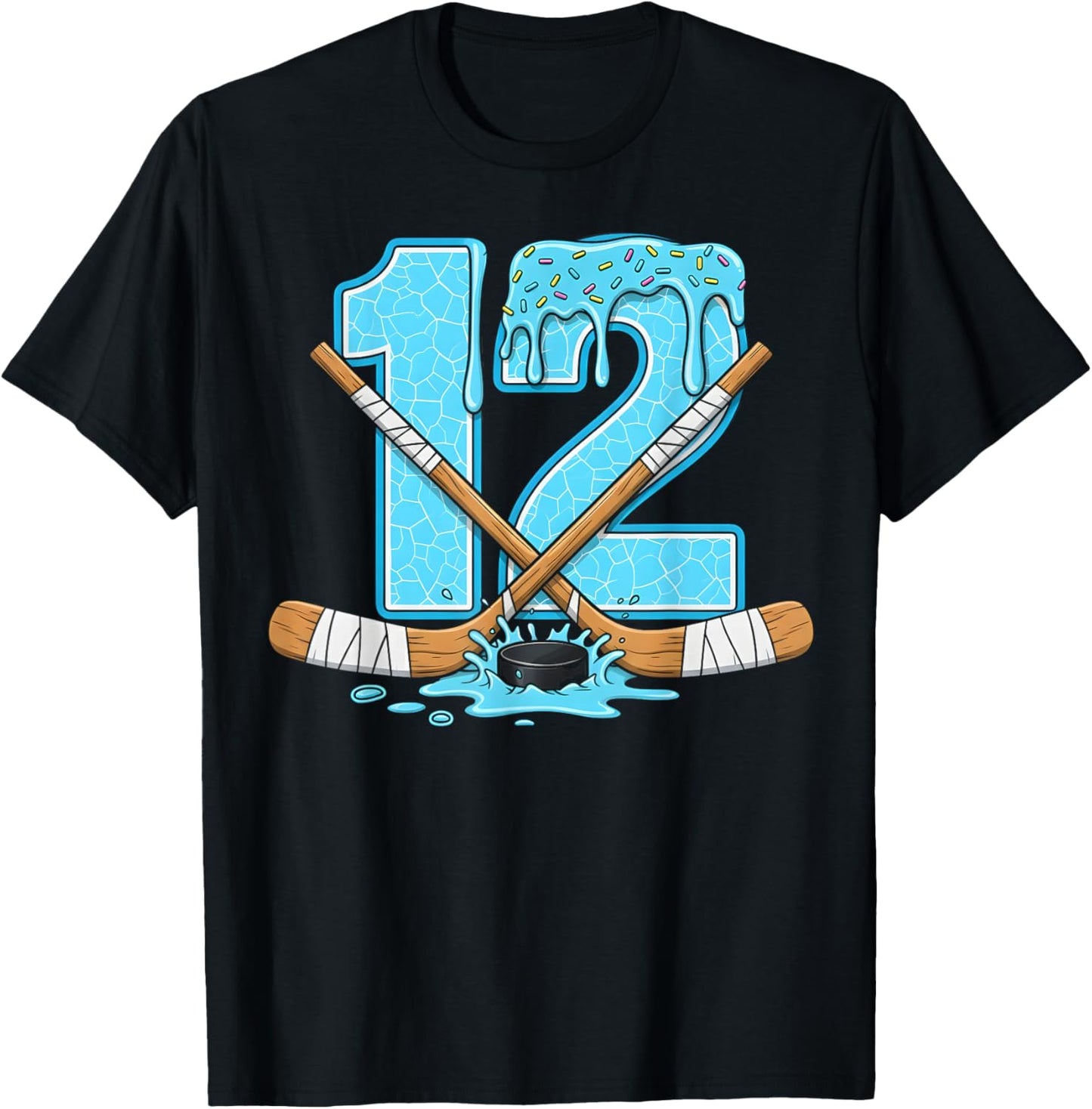12 Year Old Hockey Ice Cream Drip Youth 12th Birthday Boys T-Shirt - T-Shirt | Black