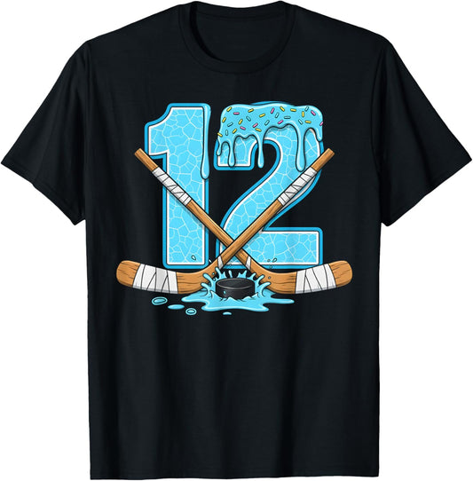 12 Year Old Hockey Ice Cream Drip Youth 12th Birthday Boys T-Shirt - T-Shirt | Black