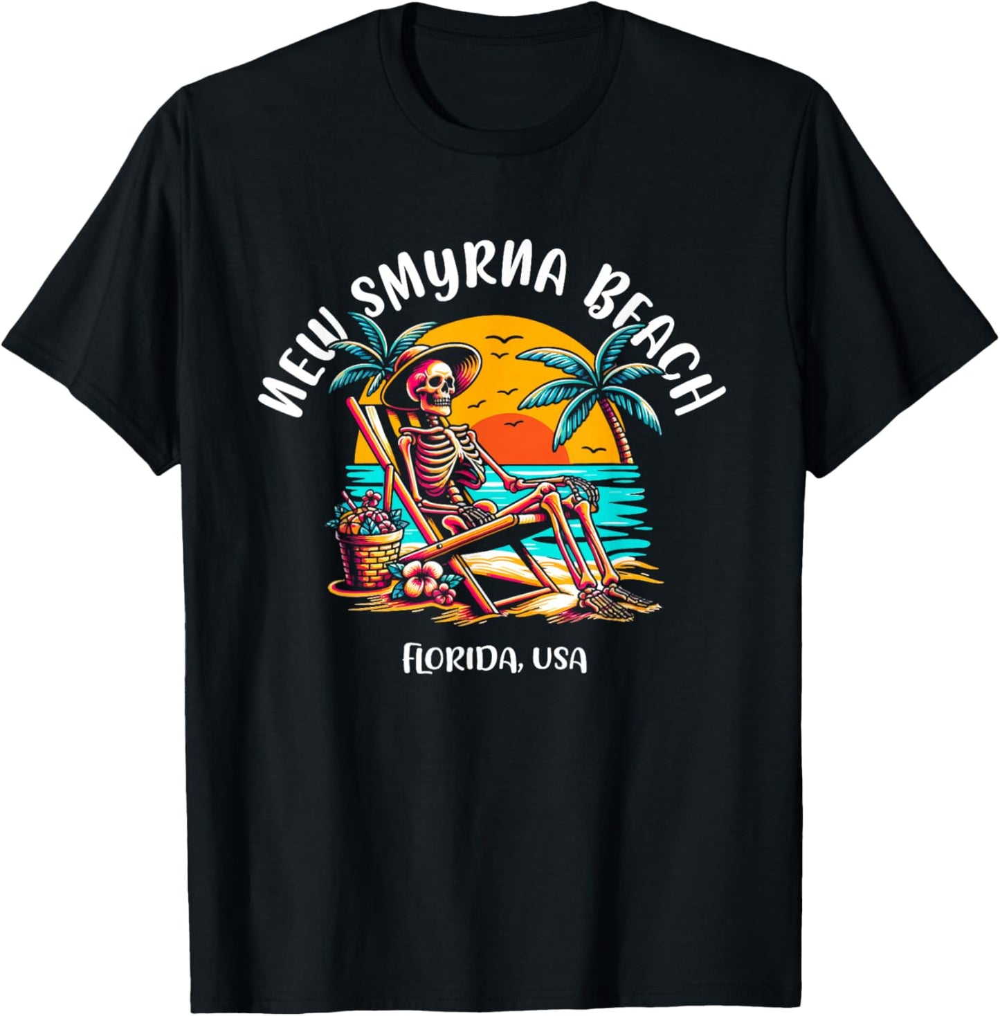New Smyrna Beach Florida Fun Skeleton in The Hot Sun Design T-Shirt - T-Shirt | Black