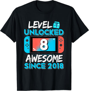 Level 8 Unlocked Awesome Since 2018 8th Birthday Gifts Boys T-Shirt - T-Shirt | Black