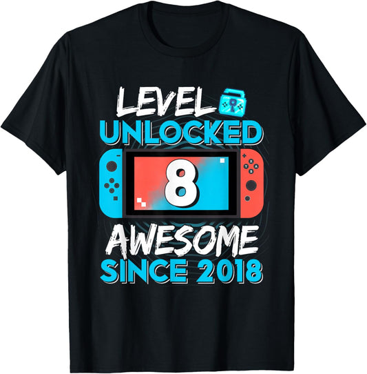 Level 8 Unlocked Awesome Since 2018 8th Birthday Gifts Boys T-Shirt - T-Shirt | Black