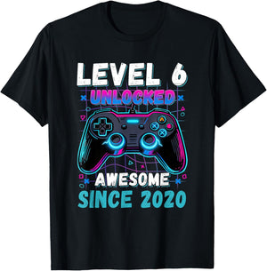 Level 6 Unlocked Awesome Since 2020 Six 6th Birthday-Boy Kid T-Shirt - T-Shirt | Black