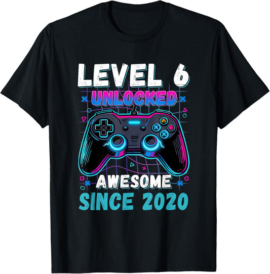 Level 6 Unlocked Awesome Since 2020 Six 6th Birthday-Boy Kid T-Shirt - T-Shirt | Black