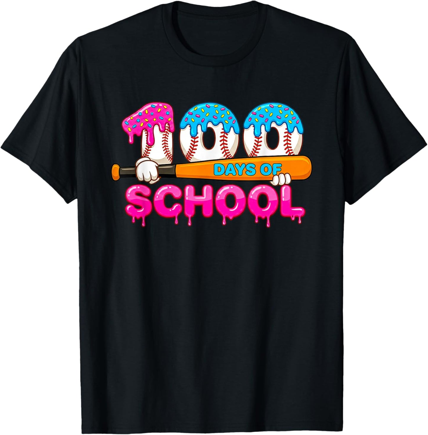 100 Days of School Baseball Ice Cream Drip for Teacher Kid T-Shirt - T-Shirt | Black
