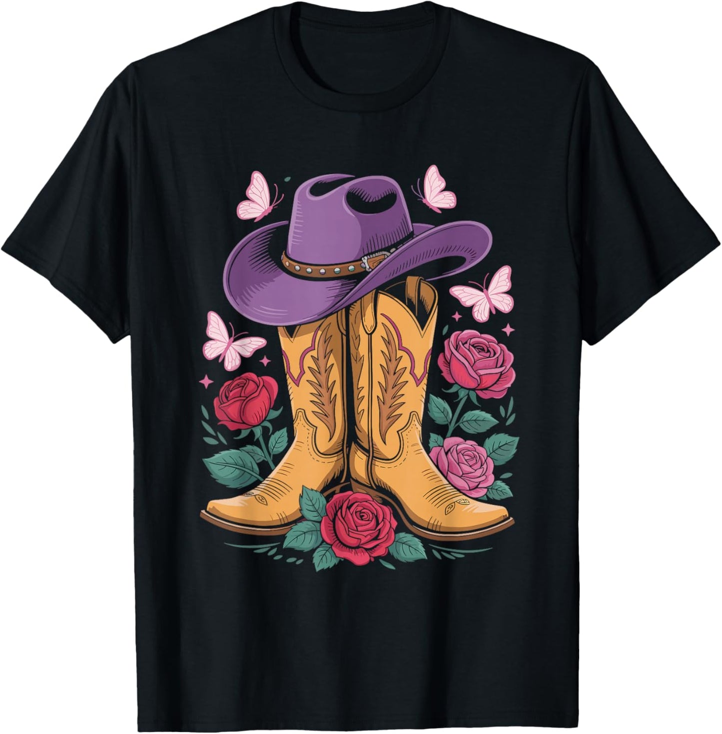 Cowgirl Western Cowboy Hat Boots with Roses Country Western T-Shirt - T-Shirt | Black