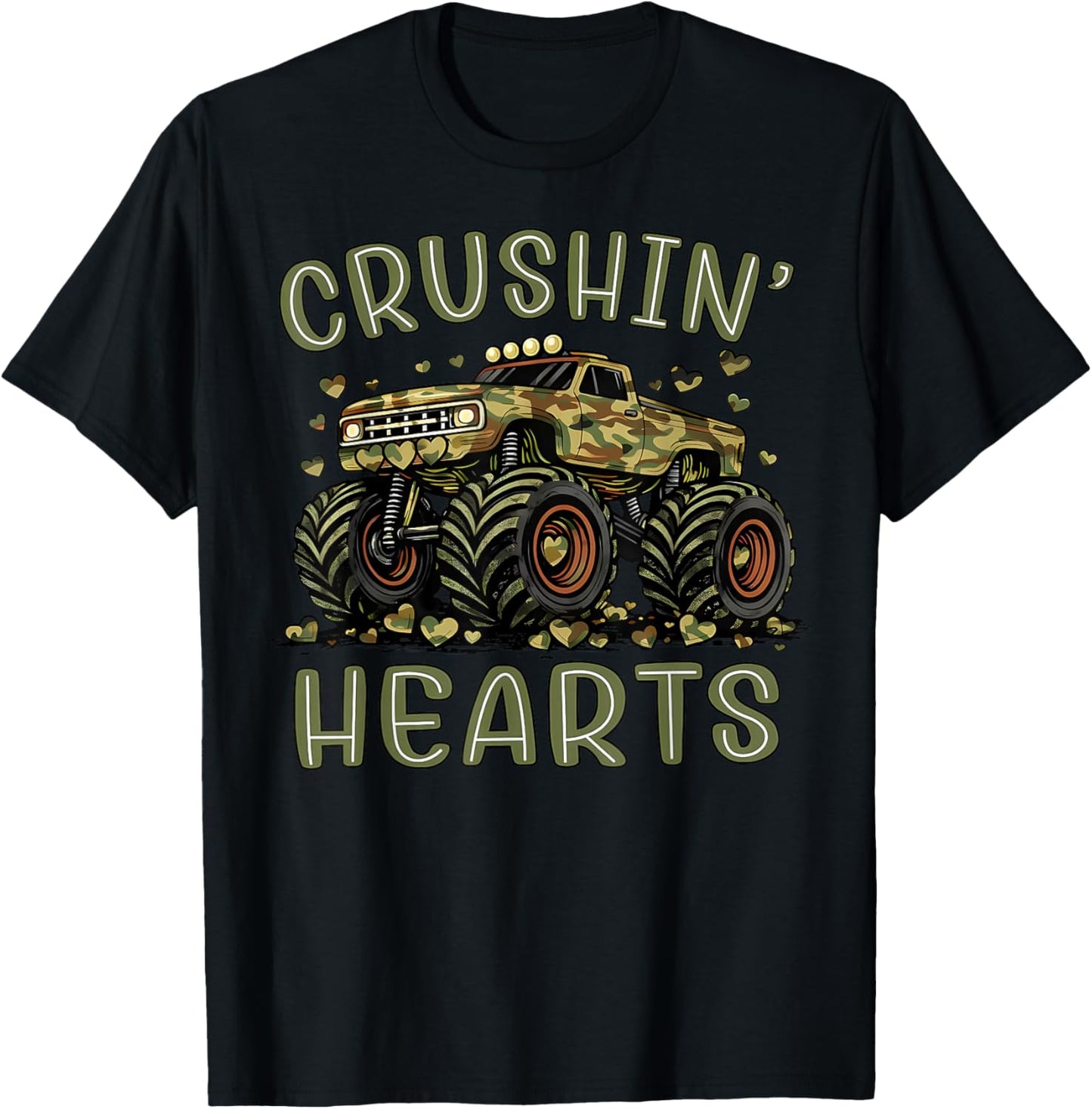 Valentine Camouflage Truck Crushin' Hearts Boy Kids Monster T-Shirt - T-Shirt | Black