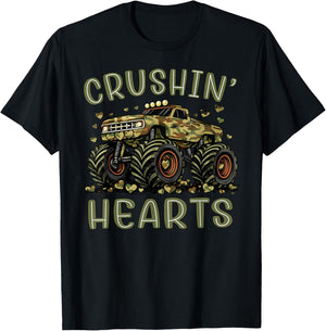 Valentine Camouflage Truck Crushin' Hearts Boy Kids Monster T-Shirt - T-Shirt | Black
